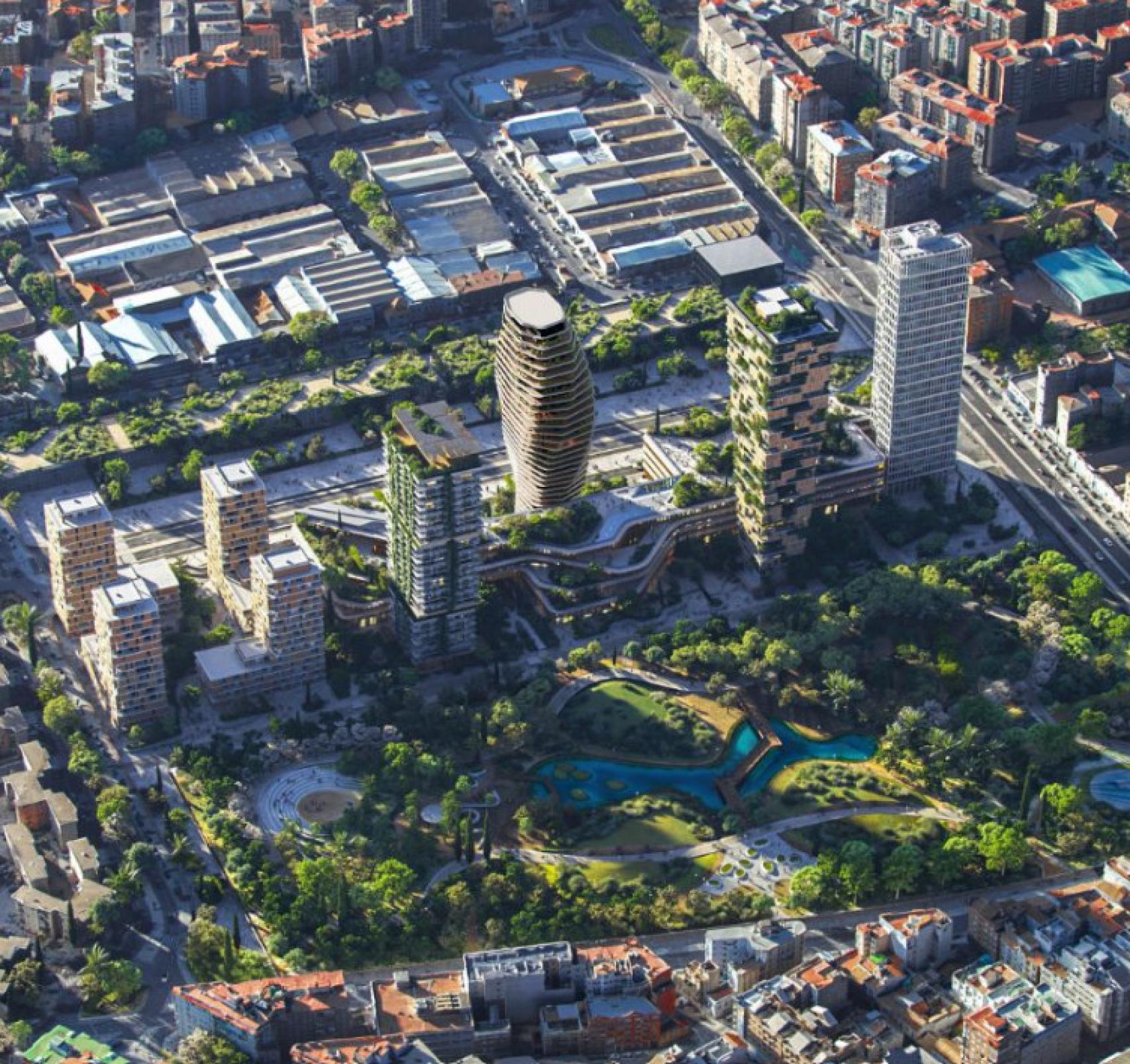 Infografía del proyecto de Urbania, que incluye tres grandes torres y el parque.