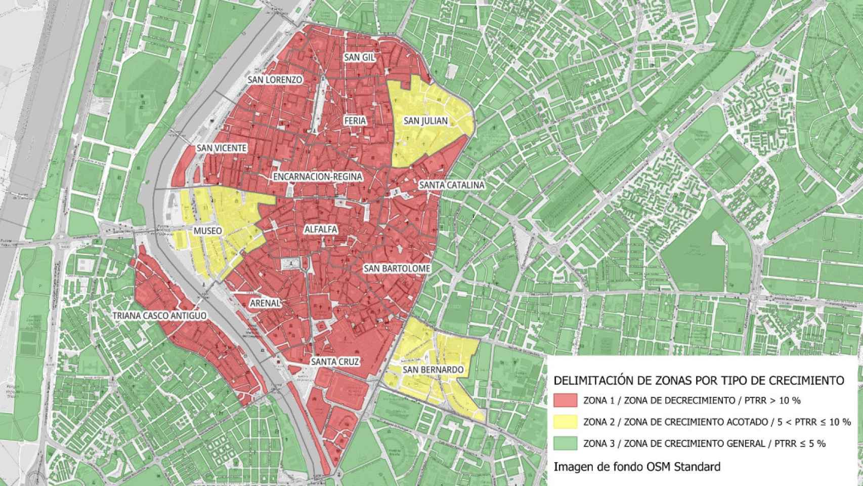 En rojo, las zonas saturadas de pisos turísticos; amarillo donde hay presión; verde donde no se pasan los límites