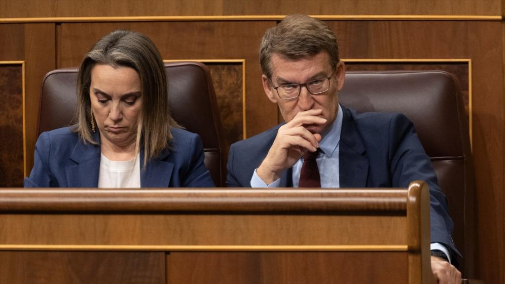 Alberto Núñez Feijóo, presidente del PP, junto a su secretaria general, Cuca Gamarra, en el Congreso.
