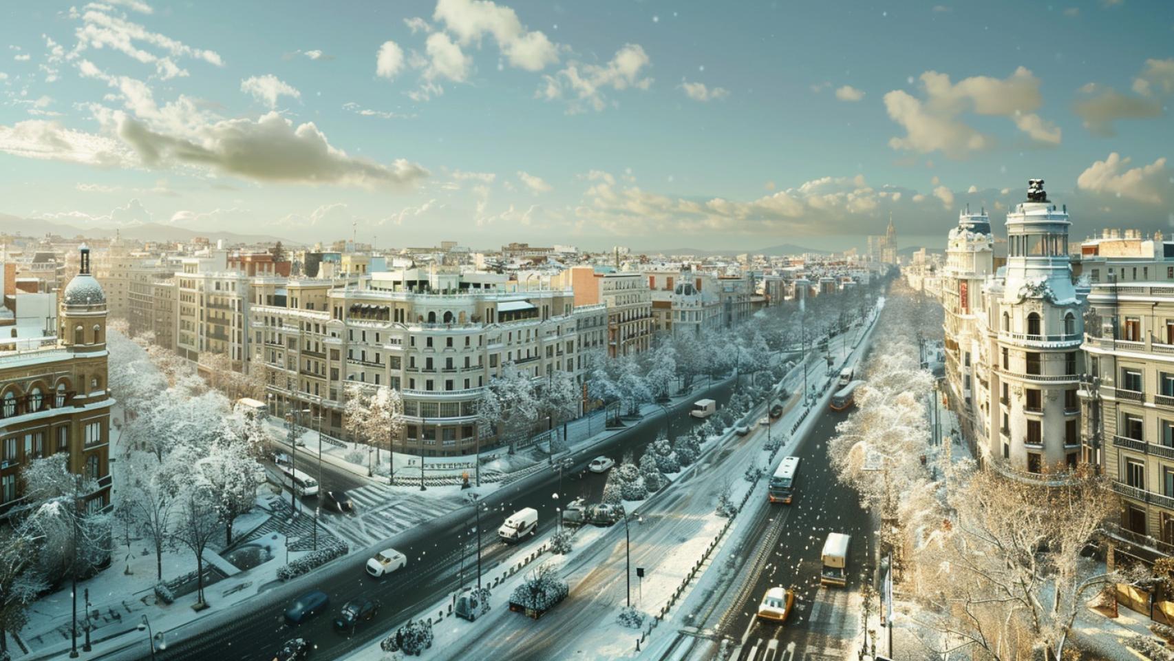 La ciudad de Madrid con nieve. (Imagen generada con IA)