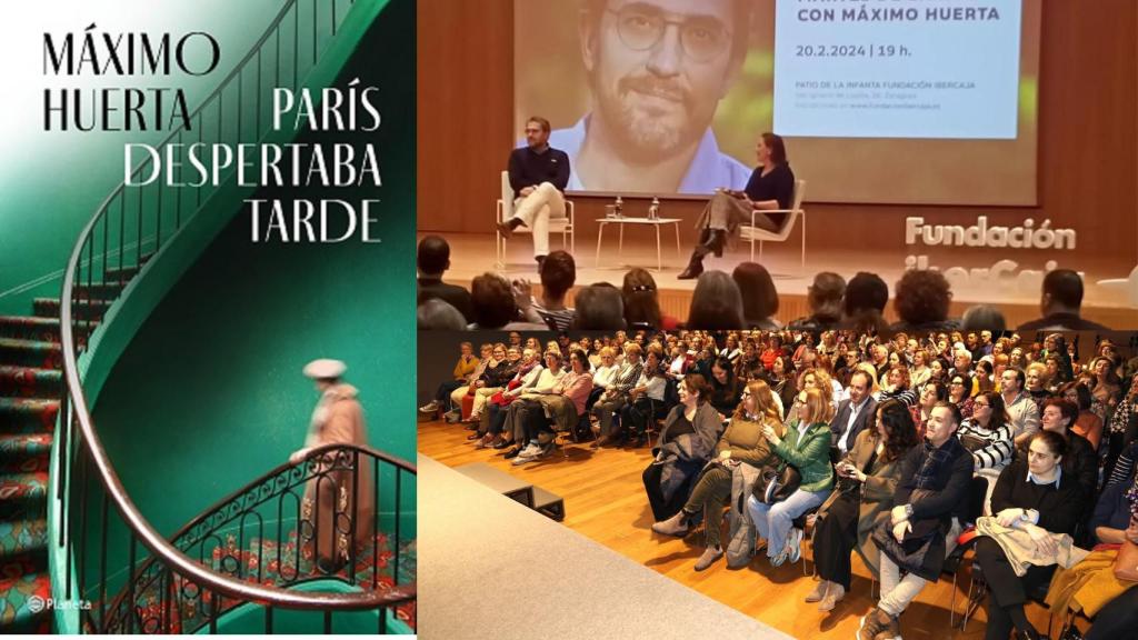 La portada de la novela de Máximo junto a dos fotografías facilitadas a EL ESPAÑOL por el propio escritor, donde se aprecia la gran acogida de sus promociones.