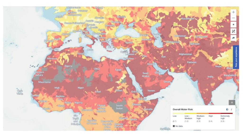 Mapa del riesgo de estrés hídrico en el centro del continente africano.