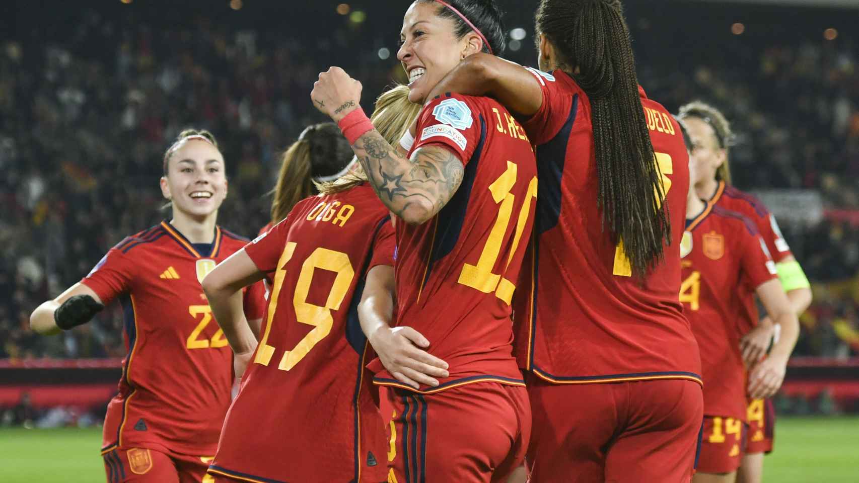 Las jugadoras de la selección española celebran el gol de Jenni Hermoso frente a Países Bajos