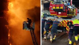 Una imagen del incendio de Valencia y una de la autoescala rota.