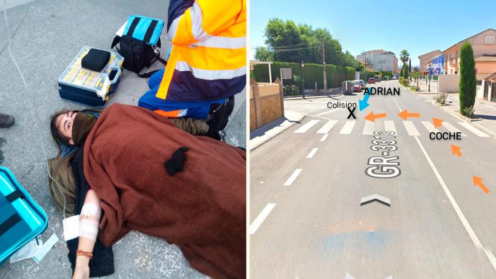 Adrián, sobre el asfalto tras sufrir el atropello, junto a una reconstrucción en Google Maps de la trayectoria de ambos vehículos.