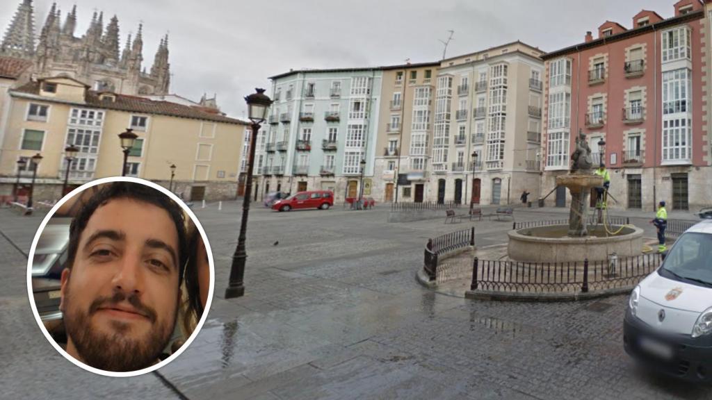 La Plaza de la Flora, lugar donde se produjo la agresión mortal a Sergio Delgado y, en el círculo, el vallisoletano en una fotografía cedida por el portavoz de la familia