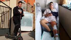 Adrián Ocaña García, este viernes, posando con su patinete eléctrico en la puerta de su casa en Belicena, junto a una imagen de 2022, hospitalizado tras ser atropellado por un coche.