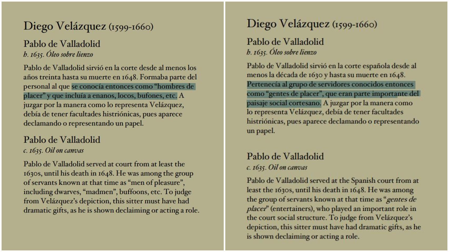 La cartela de Pablo de Valladolid suprime la mención a enanos, locos, bufones, etcétera.