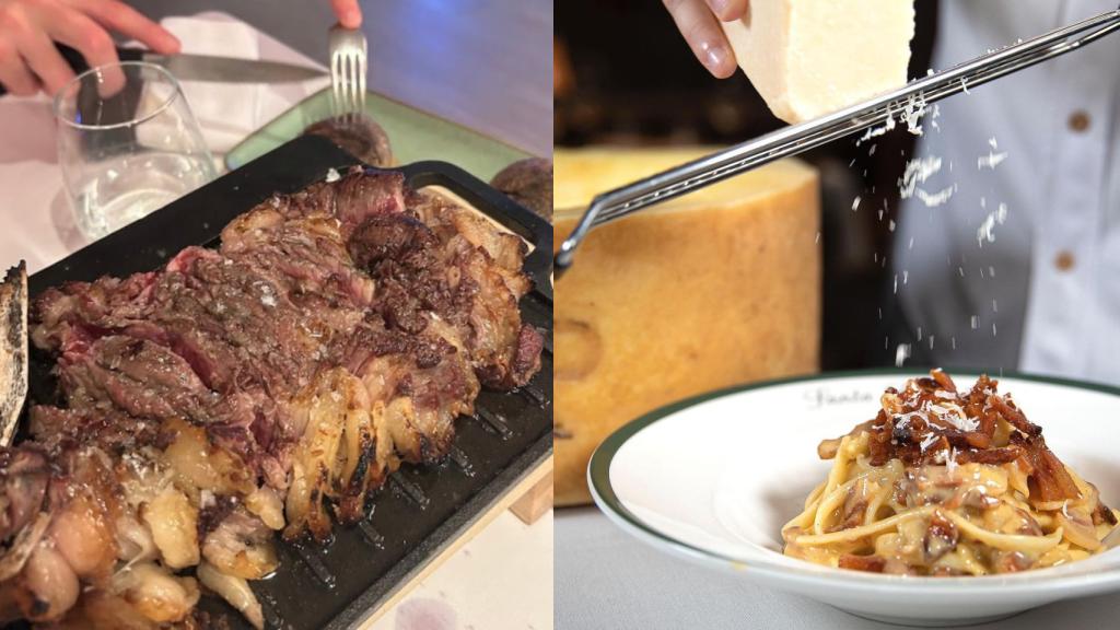 A la izquierda, un chuletón del restaurante Meat Market, y a la derecha, linguini de Santa Rita.