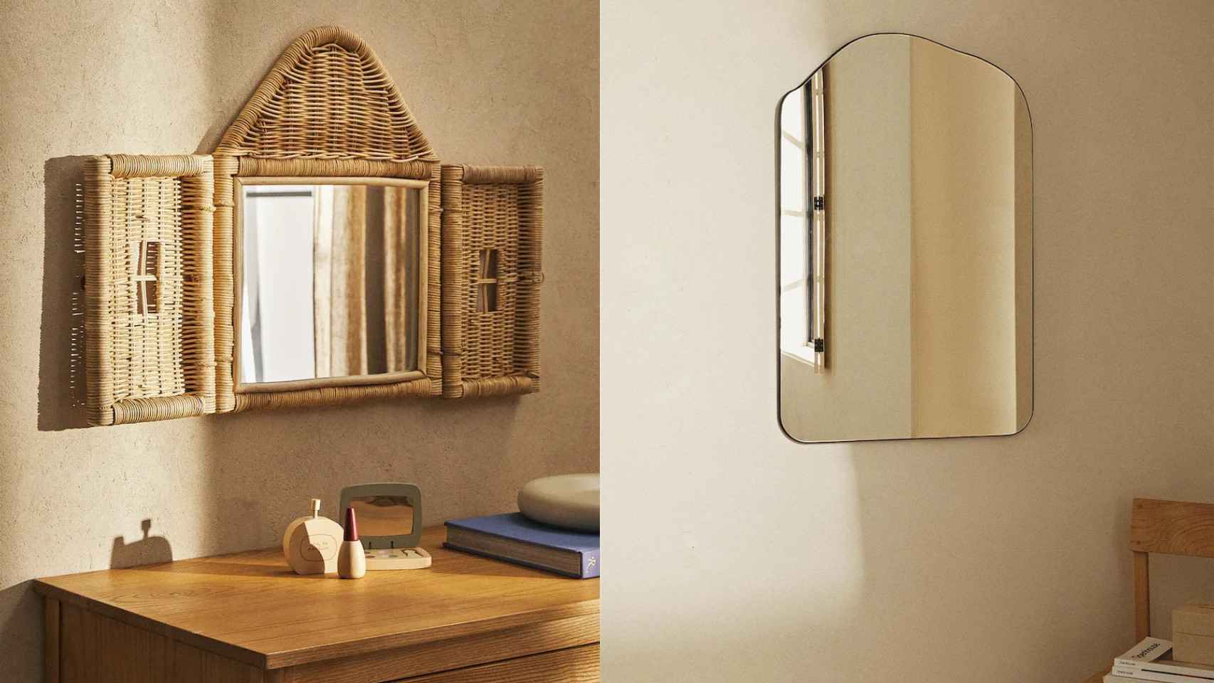 A la izquierda, el espejo pared infantil casita ratán y, a la derecha, el espejo pared irregular.