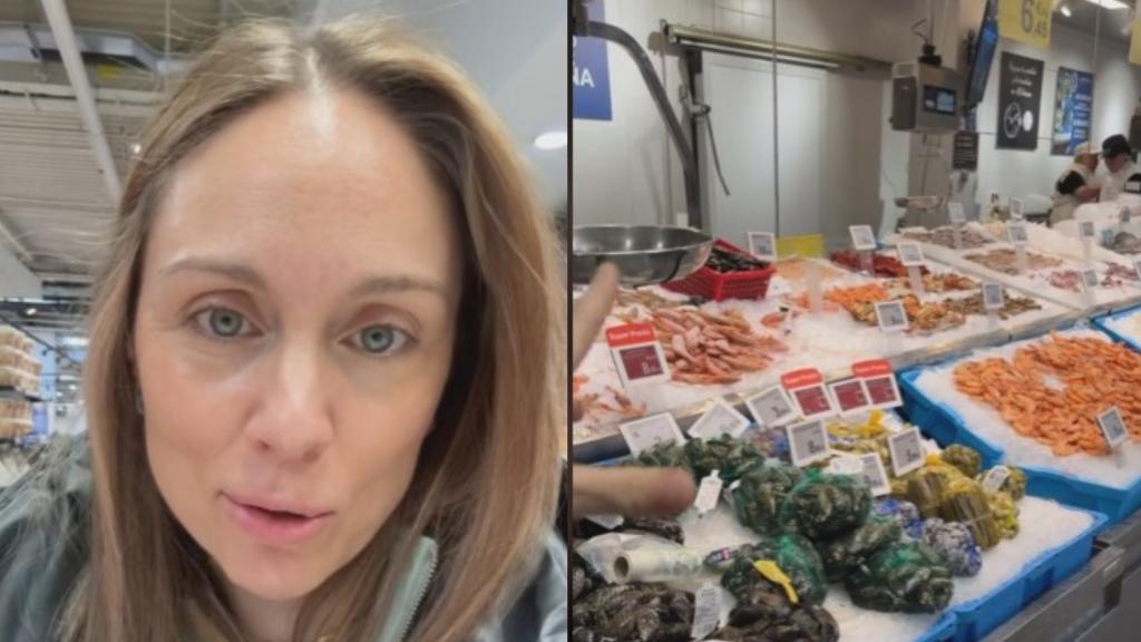 A la izquierda, la tiktoker Nury Calvo y, a la derecha, la pescadería del supermercado.