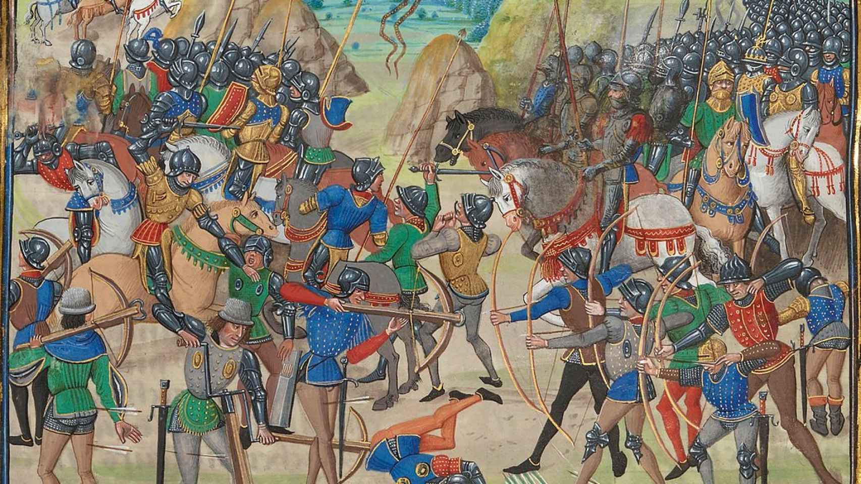 Miniatura medieval sobre la batalla de Crécy de las crónicas de Jean Froissart. Siglo XV