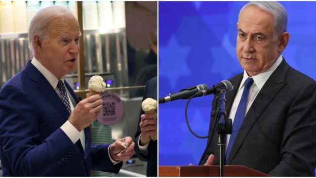 Joe Biden sostiene un helado de vainilla de Van Leeuwen (izda) y Benjamin Netanyahu habla en la Conferencia de Presidentes de las Principales Organizaciones Judías de EEUU (dcha).