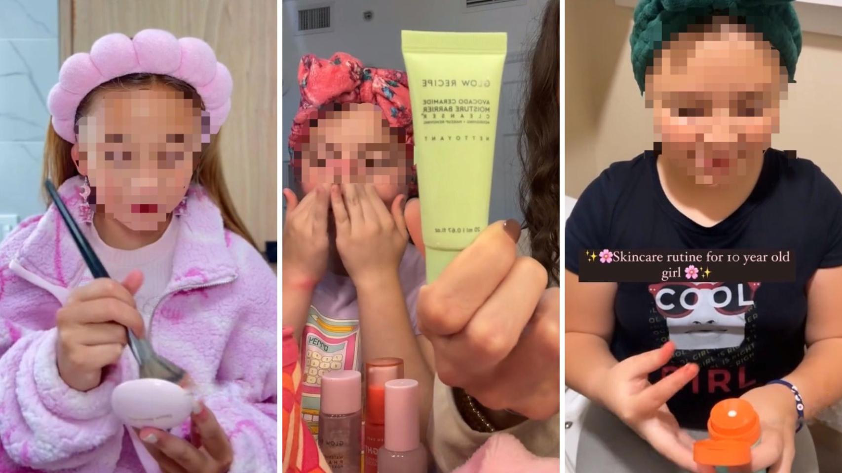 Fragmentos de vídeos de TikTok de niñas aplicándose sus rutinas de 'skincare'.