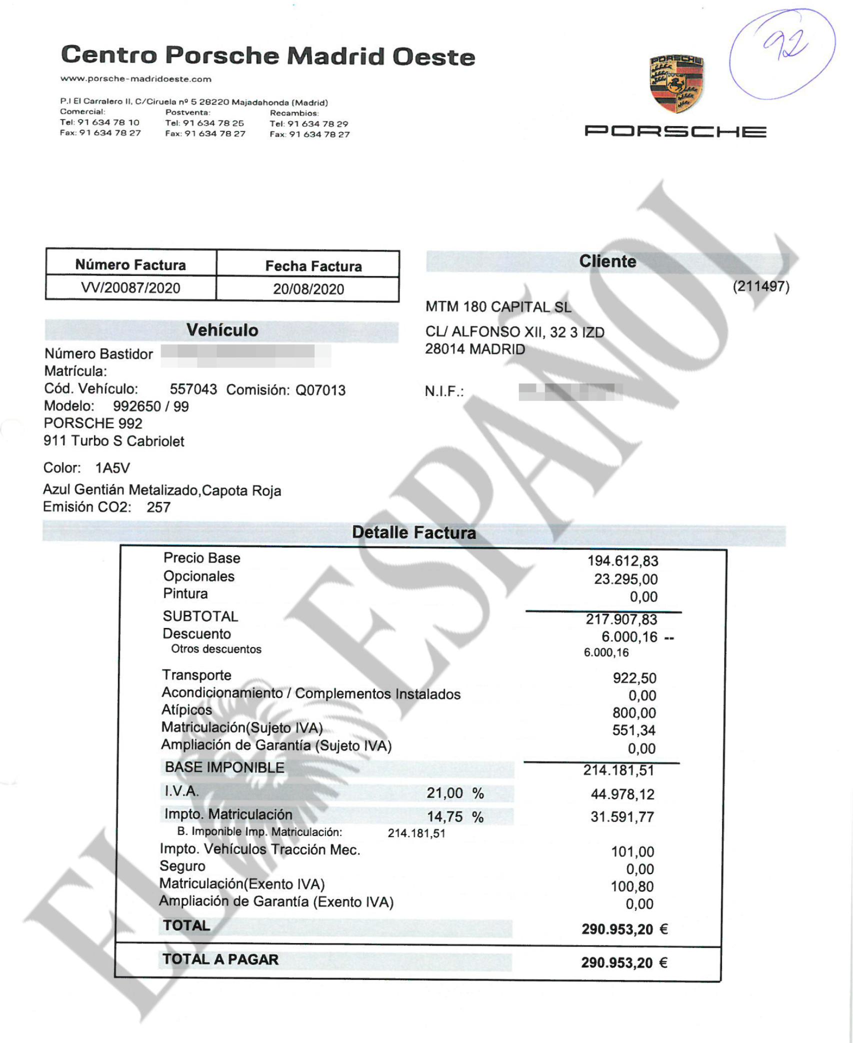 Factura del Porsche que compró Víctor de Aldama tras recibir las comisiones de las mascarillas