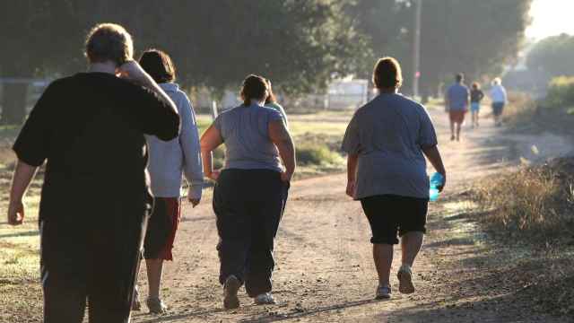 Cuatro personas obesas hacen footing.
