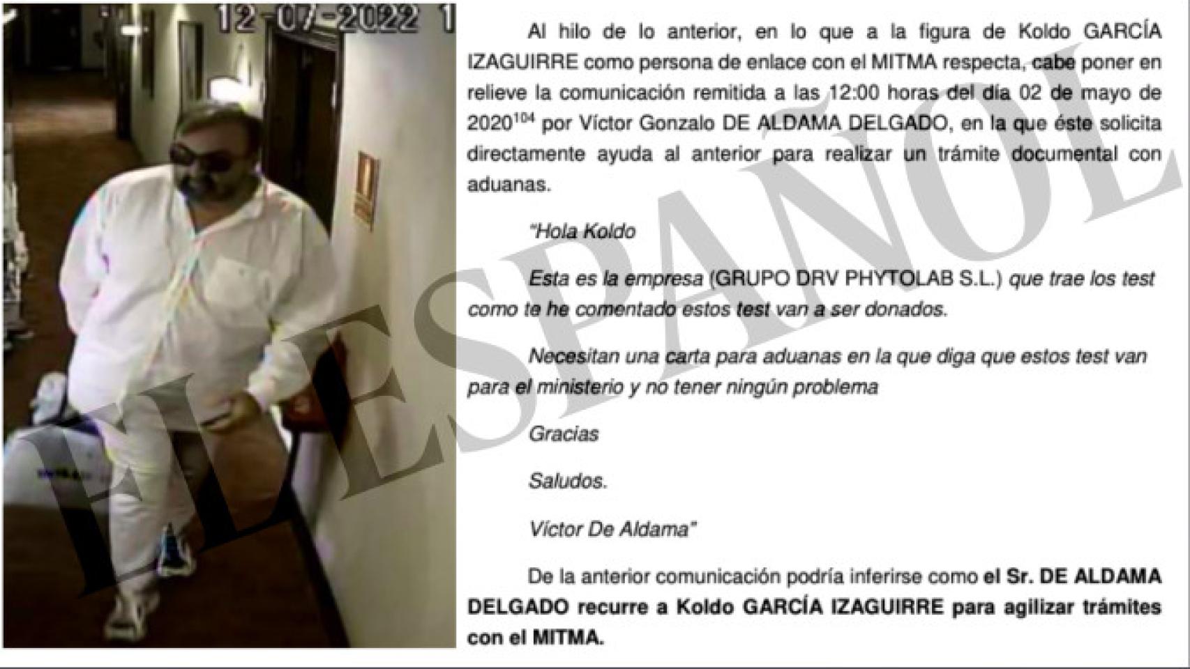 Koldo, en una imagen interceptada por la Guardia Civil, y el contenido del correo electrónico.