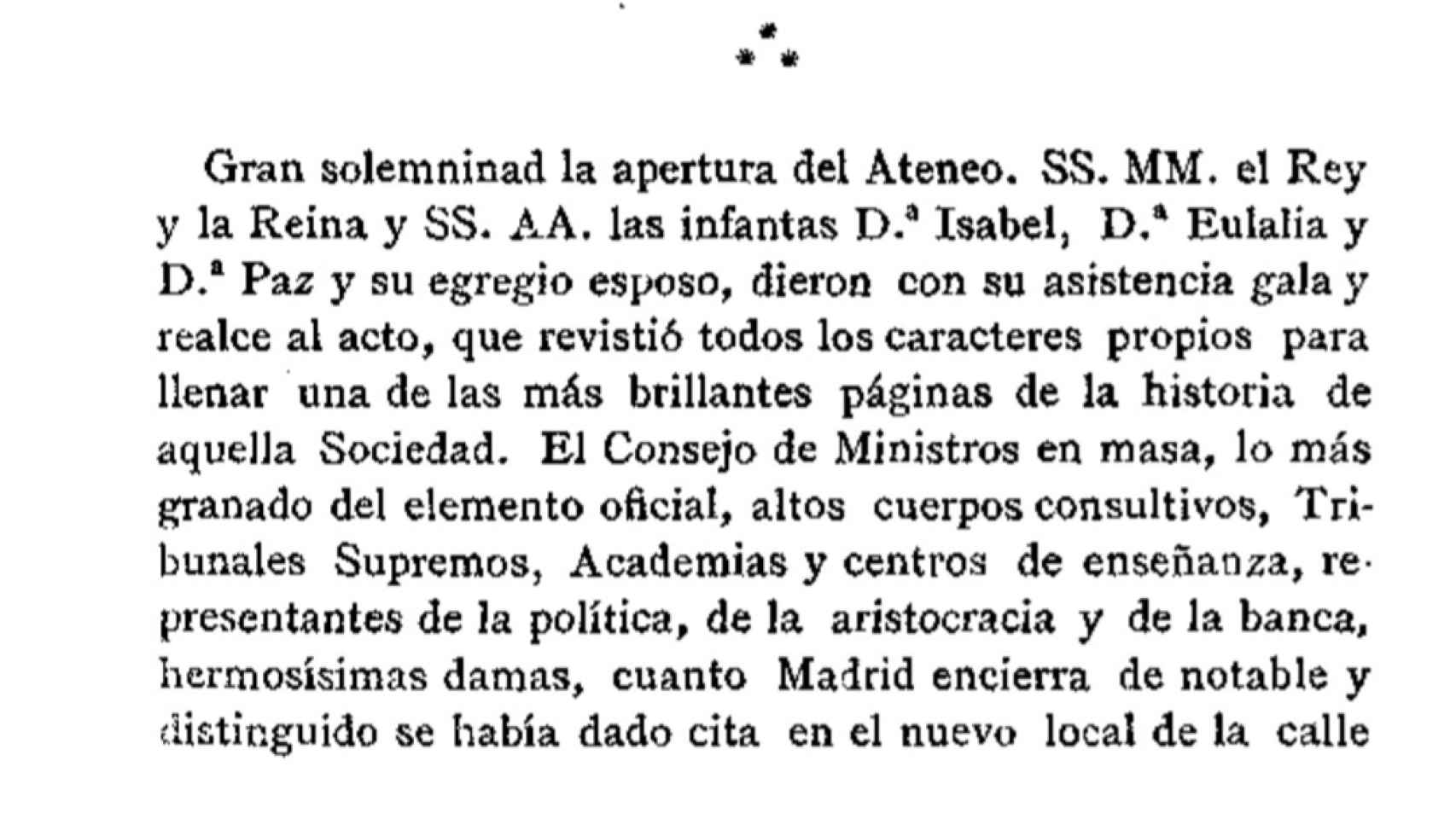 Fragmento de la crónica de la inauguración del Ateneo en la Calle del Prado. Revista Contemporánea, 1884.