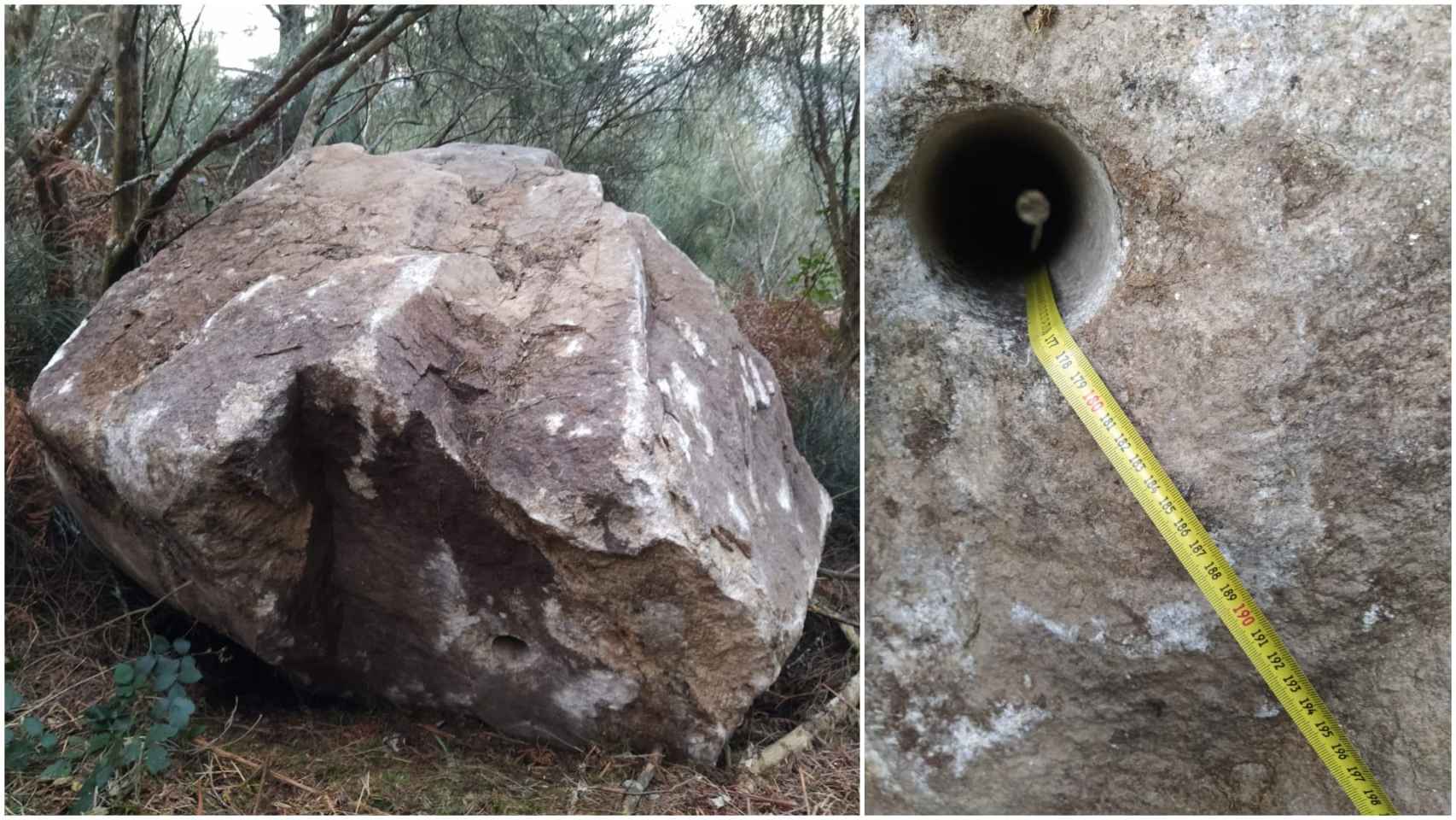 Imagen de la piedra y del agujero para dinamitarla.