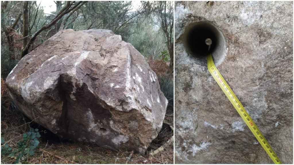 Imagen de la piedra y del agujero para dinamitarla.