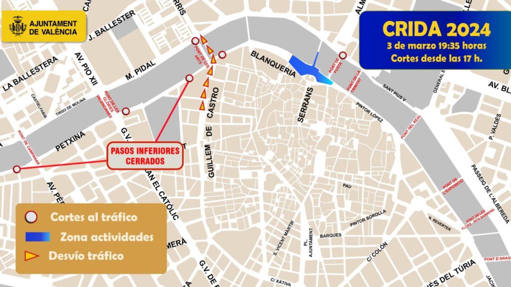 Estos son los cortes de tráfico en Valencia de las Fallas 2024. EE