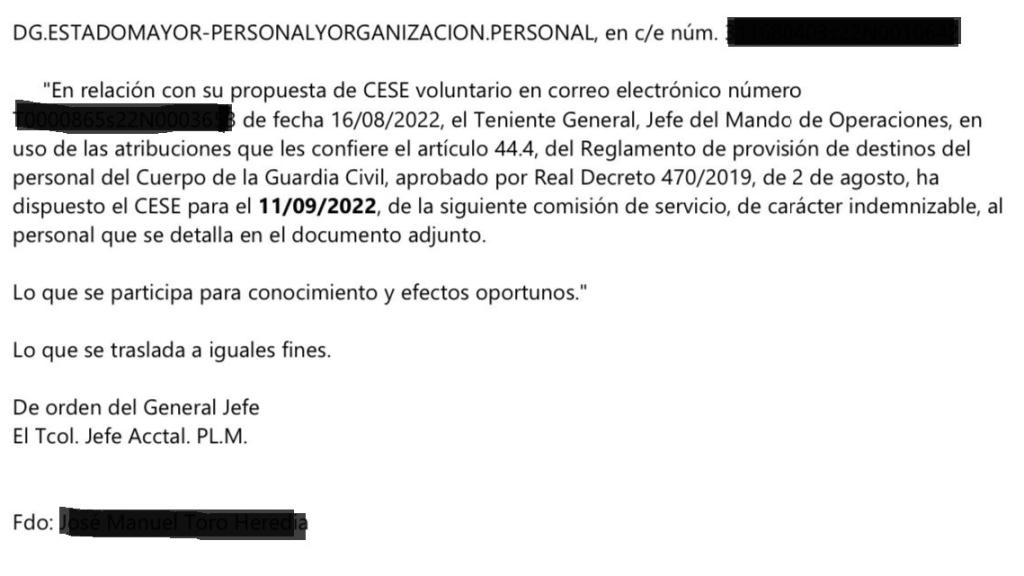 Notificación a la solicitud de cese voluntario de la unidad OCON-Sur.