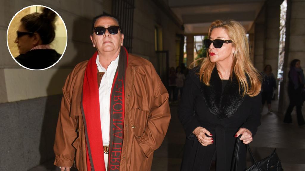 María del Monte y su mujer, Inmaculada Casal, junto a una imagen de su empleada del hogar en un fotomontaje de EL ESPAÑOL.