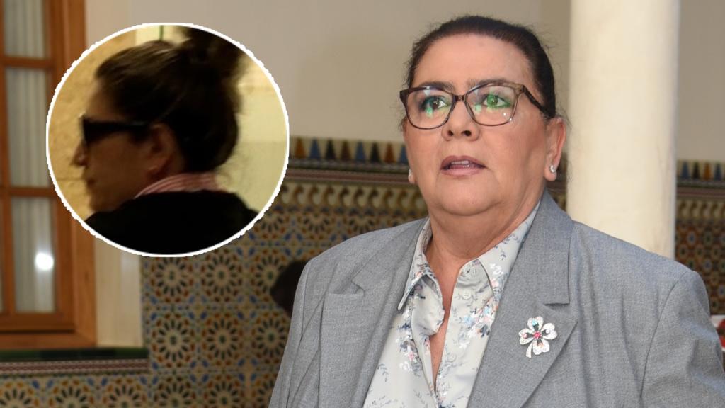 La artista María del Monte junto a la imagen de su empleada del hogar en un fotomontaje de EL ESPAÑOL.