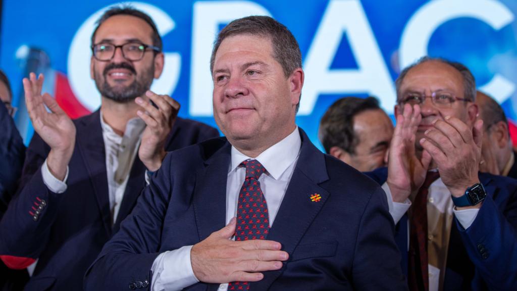Emiliano García-Page durante la celebración de la victoria electoral del 28-M.
