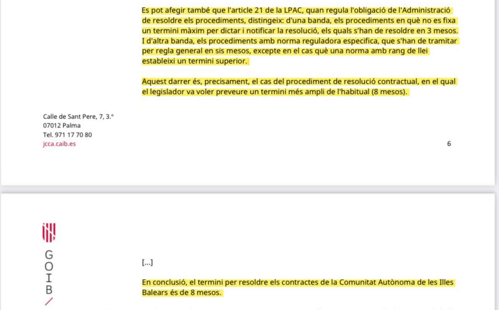 Extracto de un documento de la Junta Consultiva de Contratación del Gobierno de las Islas Baleares.