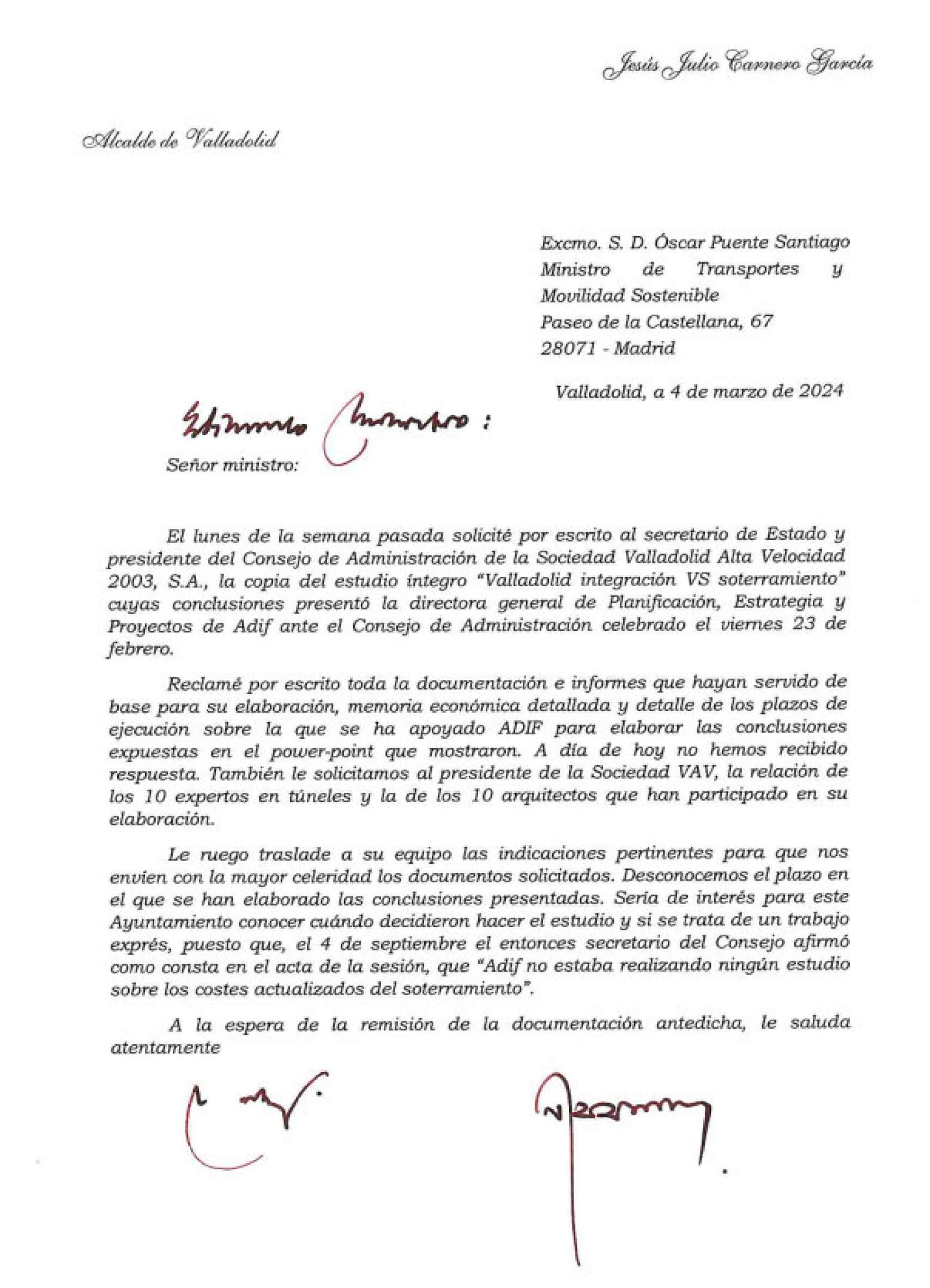 La carta de Jesús Julio Carnero al ministro de Transportes Óscar Puente