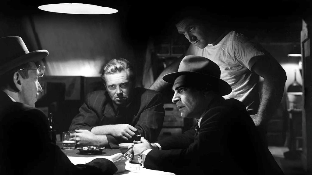 Sterling Hayden (segundo por la izda.) en el papel de Dix Handley, en 'La jungla de asfalto' (John Huston, 1956)