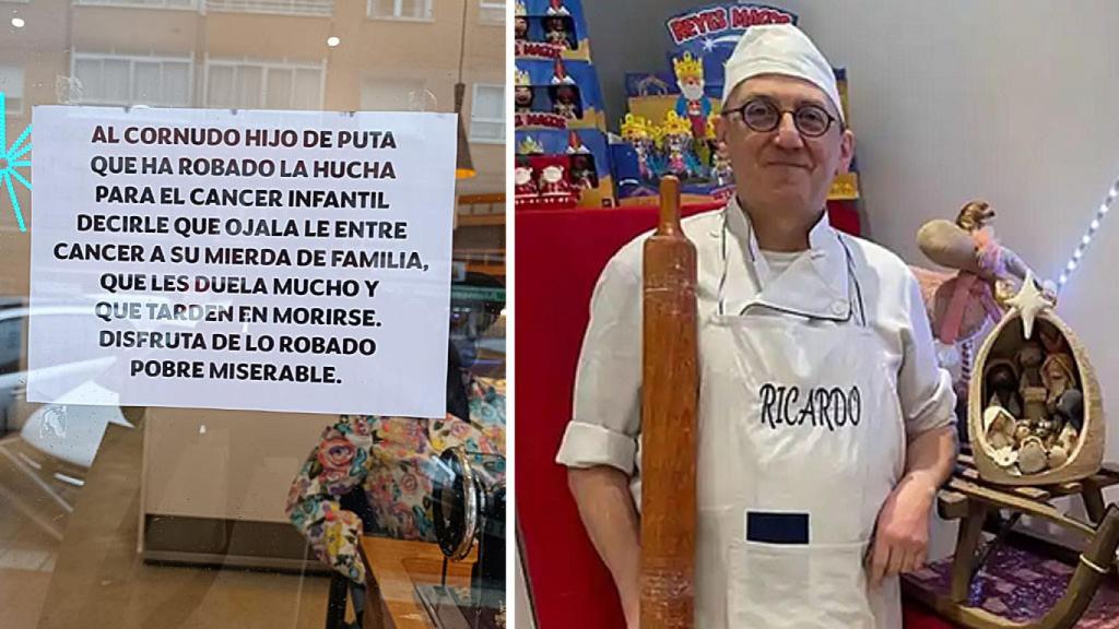 Ricardo y el cartel que ha puesto en su pastelería tras el robo