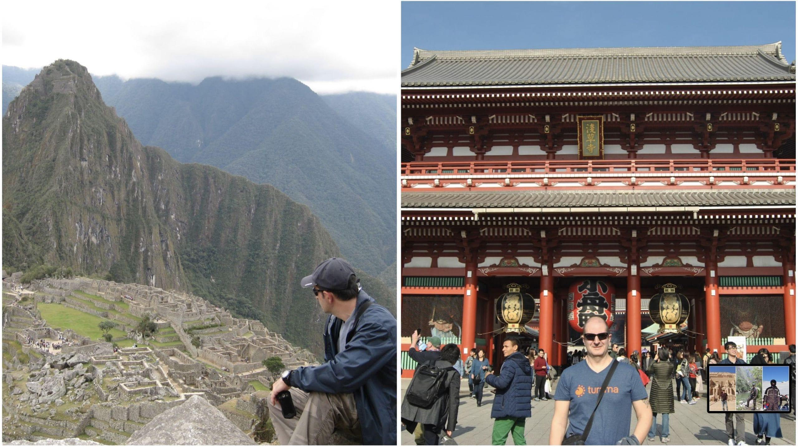 Carlos Lavilla en algunos de sus viajes: Machu Picchu, en Perú, y Templo Sensoji, en Japón.