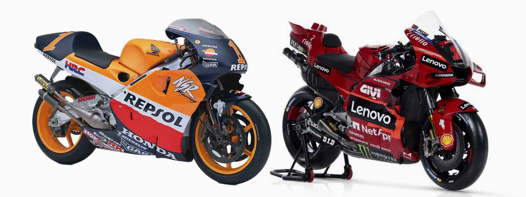 Comparativa entre la Honda NSR500 de Mick Doohan en 1999 y la Ducati Desmosedici GP23 de Pecco Bagnaia en 2023
