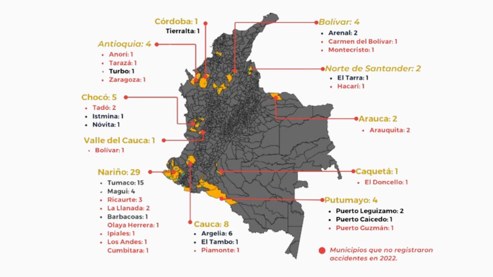 Municipios que registraron accidentes con MAP/MSE en 2023.