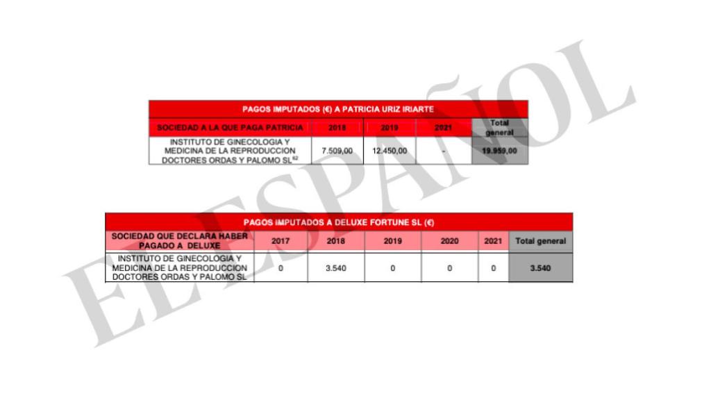 Pagos de Patricia Úriz al doctor, y del doctor a la empresa de Aldama reflejados en el sumario.