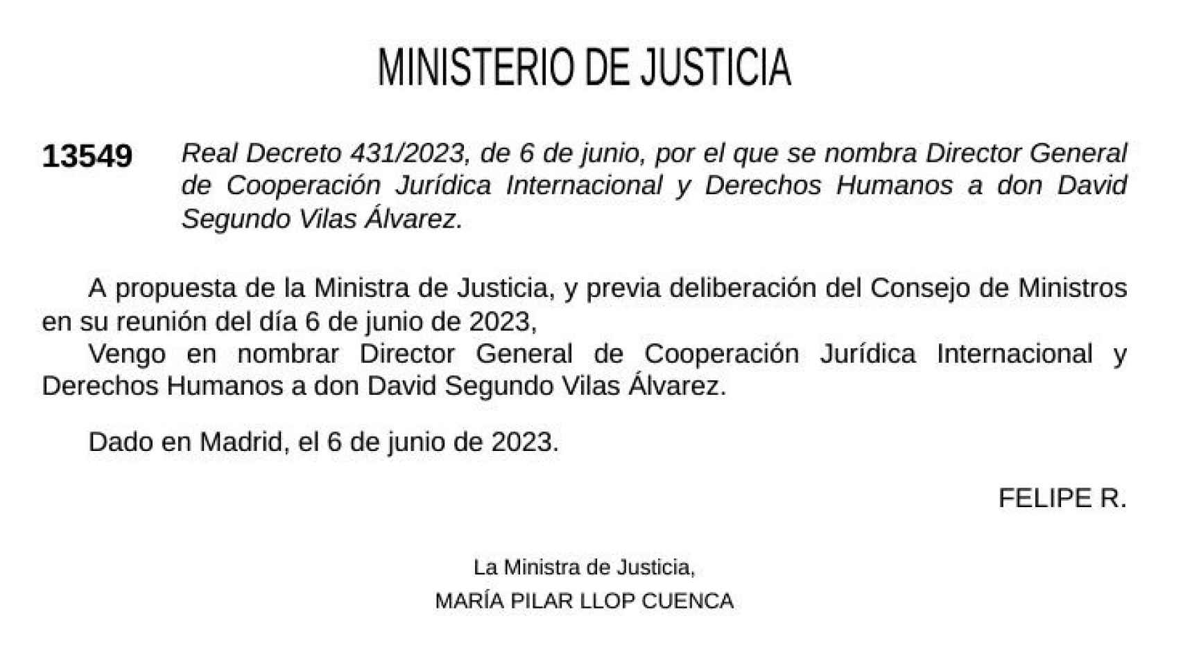 Nombramiento de David Vilas como director general de Cooperación Jurídica Internacional./