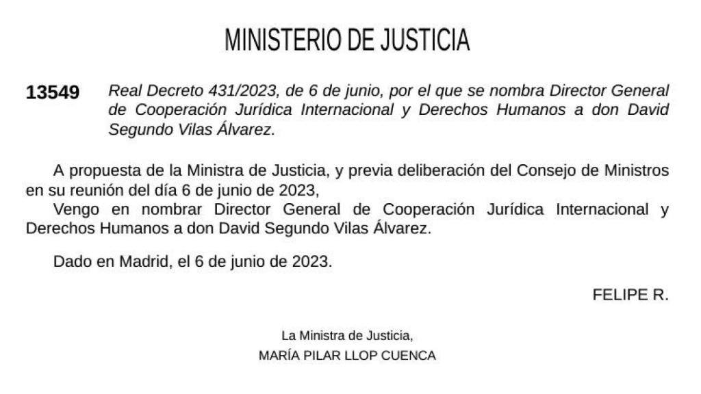 Nombramiento de David Vilas como director general de Cooperación Jurídica Internacional./