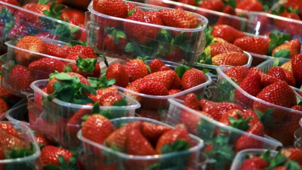 Unas cajas con fresas en un supermercado.