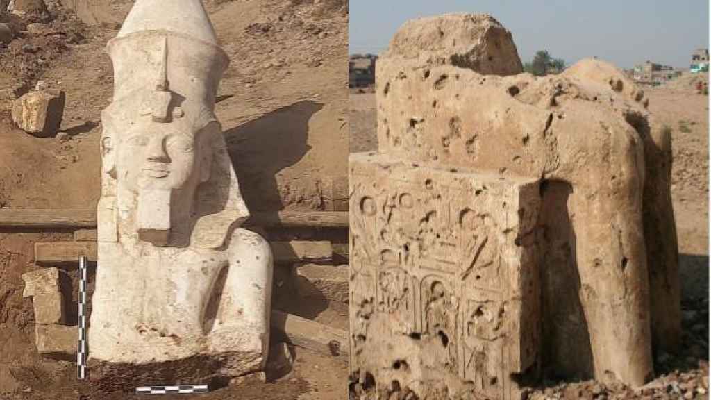 Montaje de las dos partes de la estatua descubiertas