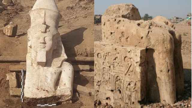 Montaje de las dos partes de la estatua descubiertas