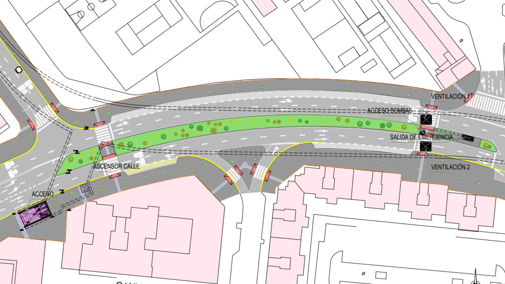 Plano del trazado del túnel del Metro en la conexión de la calle Hilera y Santa Elena.