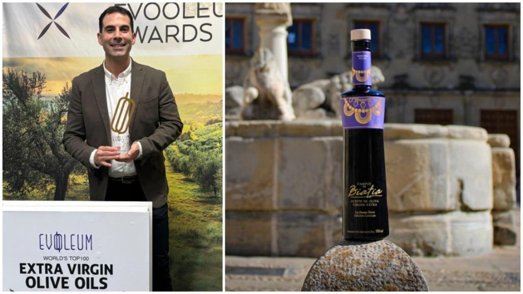 Juan Rascón, recogiendo el galardón de la guía Evooleum, y a la derecha, el aceite virgen extra premiado.