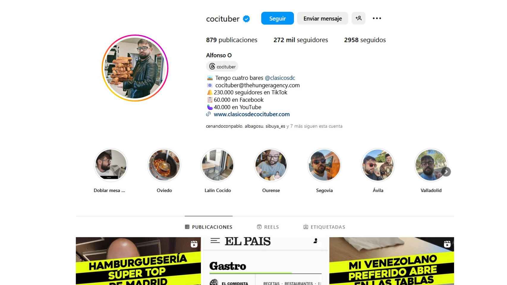 La cuenta de Instagram de Alfonso Ortega