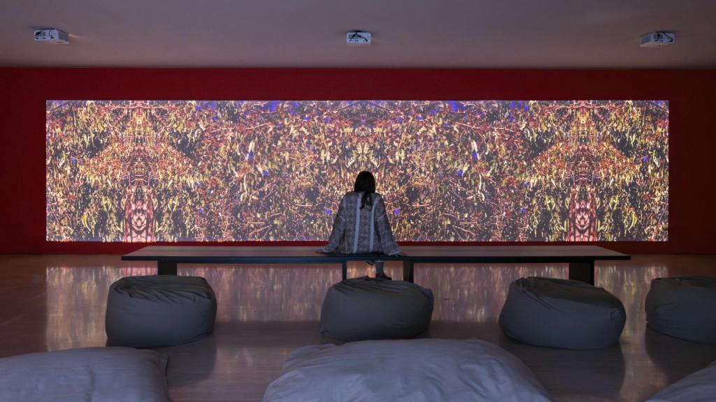 Comilang en su exposición, con un collage de mariposas.