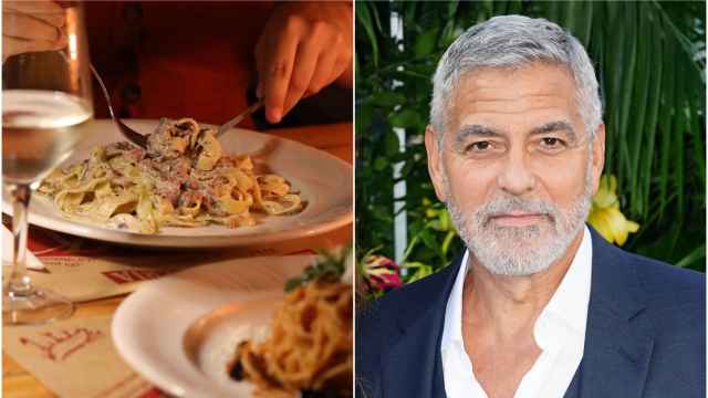 George Clooney junto a un plato de pasta del restaurante valenciano.