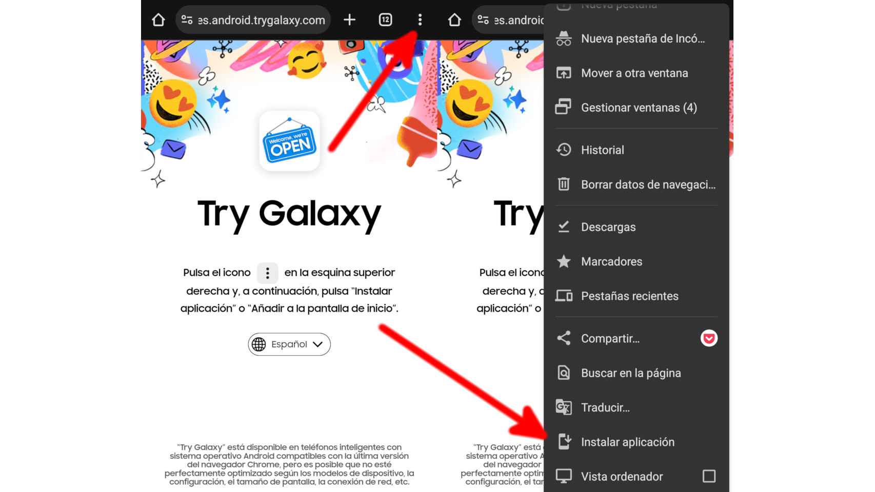 Instalación de la app Try Galaxy con Chrome