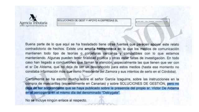Informe de la Agencia Tributaria en el que se alude a la presencia de Aldama en Barajas en la llegada de Delcy Rodríguez.