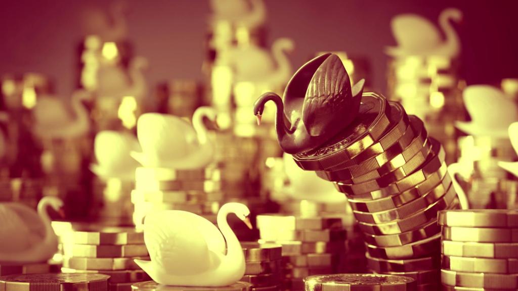 Un cisne negro y unos cisnes blancos sobre varias monedas.